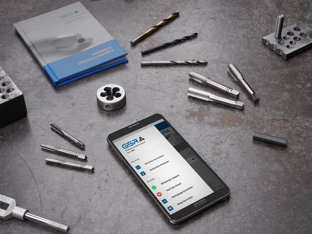 Übersichtsbild der GSR Gewinderechner App mit Geweinde-Handbuch, Spiralbohrer, Schneideisen, Handgewindebohrer-Sätze, Gewindebolzen und Windeisen