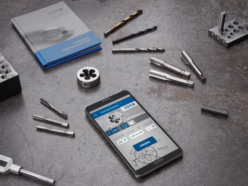Übersichtsbild der GSR Gewinderechner App mit Geweinde-Handbuch, Spiralbohrer, Schneideisen, Handgewindebohrer-Sätze, Gewindebolzen und Windeisen