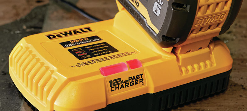 DEWALT 20V DCB1112 12Amp Fast Charger with a FLEXVOLT Battery on it charging